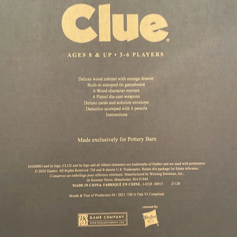 Pottery Barn Wooden Clue Board Game - Luxury/ Deluxe Edition, NWT